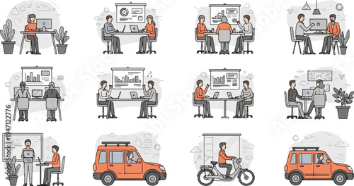 Office scenes, vehicles and people working, collaborating, presenting, and commuting