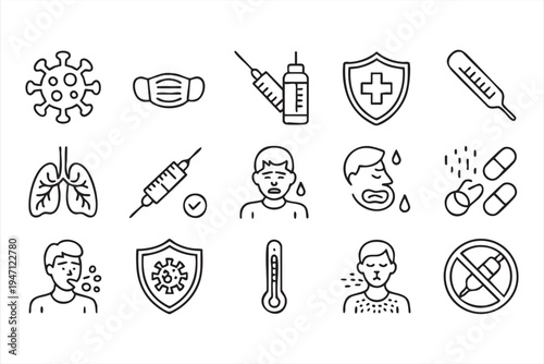 Minimal Medical Icon Collection with Vaccine Syringe Mask and Thermometer
