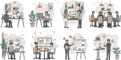 Diverse office scenes depicting individuals working and collaborating in modern workplaces