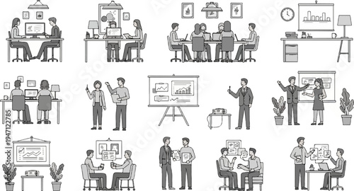 Office employees collaborating, presenting ideas, and working on projects