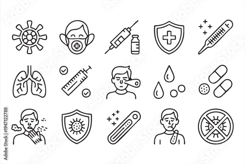 Healthcare and Disease Prevention Line Icons Featuring Virus Medicine and Shield