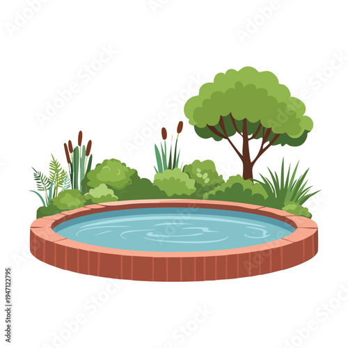 Cartoon illustration of a pond with plants and trees isolated on white