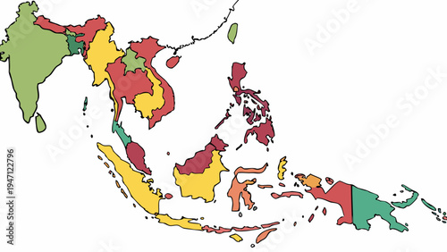 Colorful Vector Map of Southeast Asia with India and Border Lines
