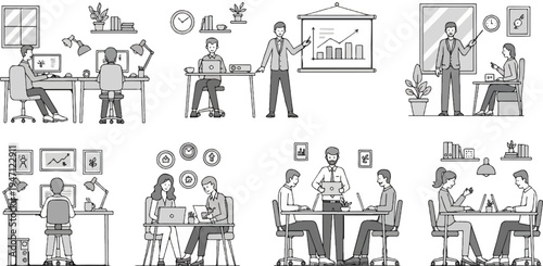Diverse office scenes with people working at desks and presenting data