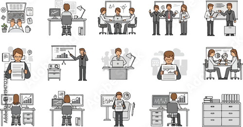 Diverse office scenes showing people working and collaborating