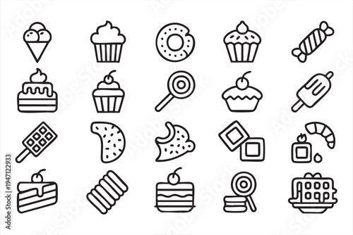 Bakery and Sweet Treat Outline Icons Featuring Cupcake Donut Chocolate and Waffle