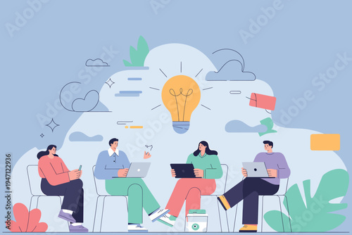 Team brainstorming session focused on innovation and bright ideas together