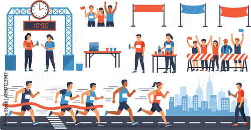 City Marathon Running Event Vector Illustration Set with Runners, Finish Line, Volunteers, Hydration Station, Crowd Support and Race Elements