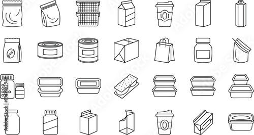 Food Packaging Outline Icon Set Vector Illustration with Containers Bottles Boxes Coffee Cups and Grocery Package Symbols for Retail and Delivery Design