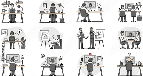 Diverse office scenes showing remote work, meetings, and presentations