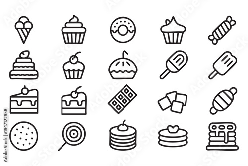 Dessert and Confectionery Outline Icons for Bakery Menu and Food Design