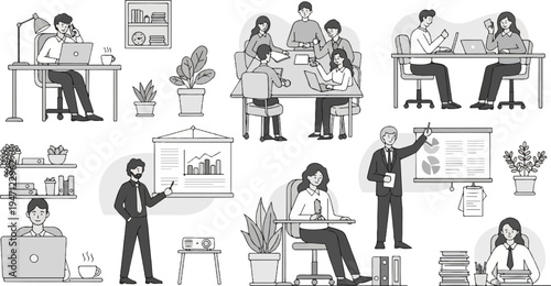 Diverse office scenes with people collaborating and working independently