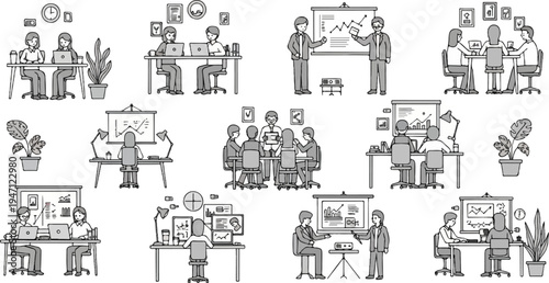 Diverse office scenes showing people working collaboratively, presenting, and working individually