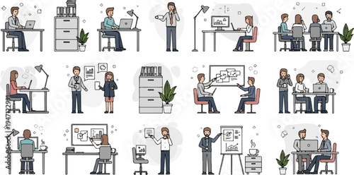 Diverse office scenes with people working, meeting, and presenting