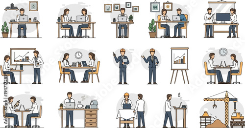 Diverse office scenes showing collaboration, meetings, and construction projects