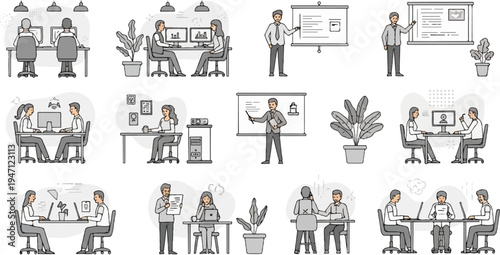 Diverse office scenes depicting collaboration, presentations, and individual work (7)