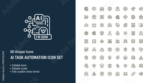 AI Task Automation Line Icon Set Featuring Artificial Intelligence Workflow Technology Data Processing And Smart Digital Systems