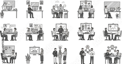 Diverse office scenes depicting collaboration and individual work (1)