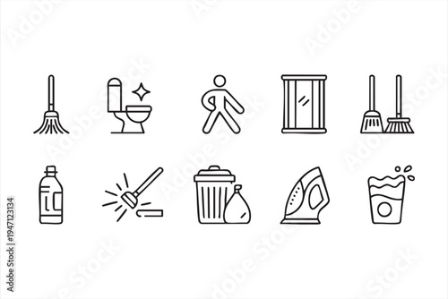 Home Cleaning Outline Icons Featuring Janitor Tools Broom Bucket and Iron