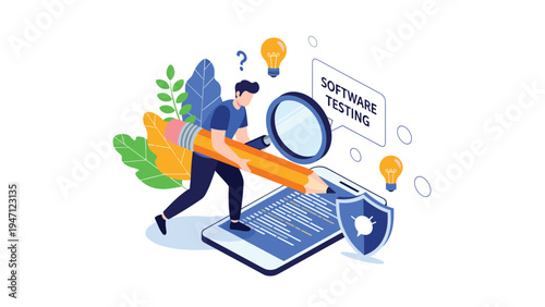 Businessman walking down large descending arrow over suburban houses symbolizing decline in real estate market.