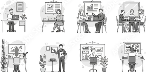 Diverse professionals in a monochrome setting engage in various work-related activities