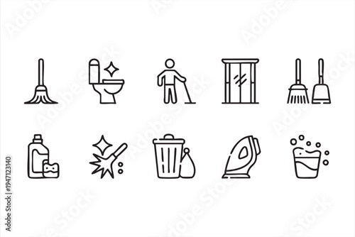 Cleaning Housekeeping Line Icon Set with Mop Toilet Trash Bin and Detergent