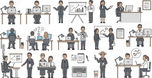 Diverse professionals working at desks, presenting, and communicating