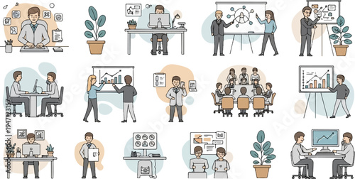 Diverse office scenarios featuring people in professional settings working