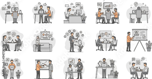 Diverse individuals in modern workplace settings, engaging in collaboration and tasks