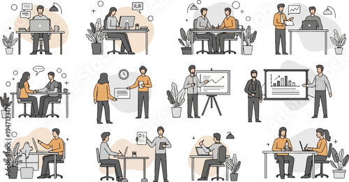 Diverse individuals engaged in office work, meetings, and presentations