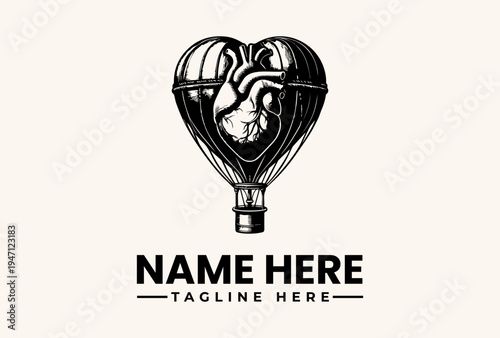 Black and white illustration of a heart-shaped hot air balloon with a dog inside, against a light beige background, featuring a placeholder name and tagline in a modern typographic style.