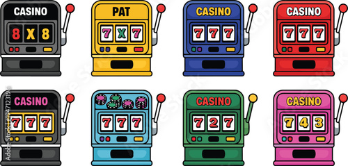 Colorful cartoon illustration featuring various casino slot machines and games, showcasing fun, entertainment, and vibrant gambling excitement in vector style