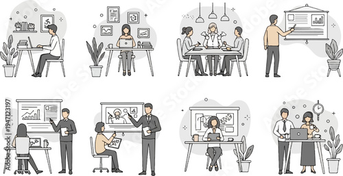 Diverse workplace scenes presentations, meetings, individual work, and collaboration