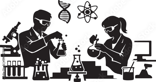 Research lab silhouette mixing bubbling flask innovations, clean black silhouette