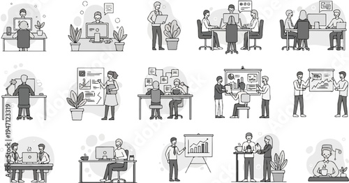 Diverse business scenarios featuring people in office, collaborating, presenting, and working