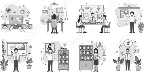 Diverse business scenarios featuring people working with computers, meetings, and presentations