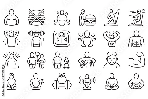 Modern Fitness Training Icons with Weightlifting Strength Yoga and Wellness