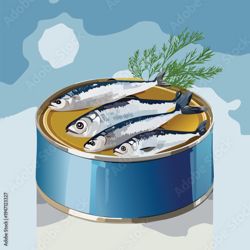 Canned sardines with dill in a can against a light blue backdrop