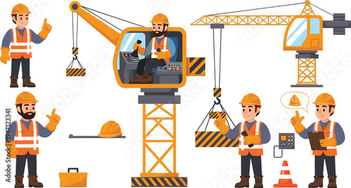 Construction Workers and Tower Crane Equipment Collection with Engineer Builder Safety Gear and Industrial Machinery Vector Illustration Set