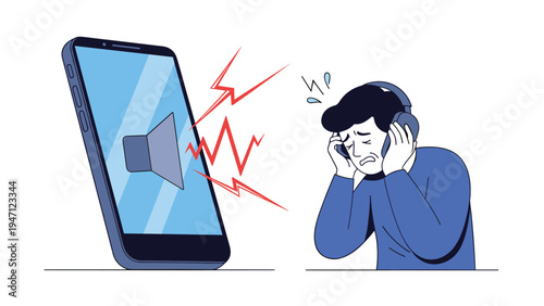 Developer carrying giant pencil and magnifying glass to test smartphone software representing quality assurance.