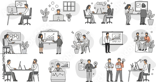 Office workers collaborating on projects and presenting data charts and ideas
