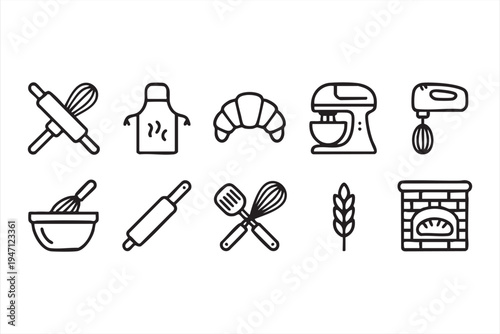 Baking Kitchen Line Icon Set with Rolling Pin Whisk Mixer Croissant and Oven