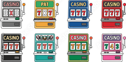 Colorful cartoon illustration featuring various casino slot machines and games, showcasing fun, entertainment, and vibrant gambling excitement in vector style