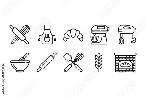 Bakery Cooking Outline Icons Featuring Dough Mixer Apron Wheat and Baking Tools