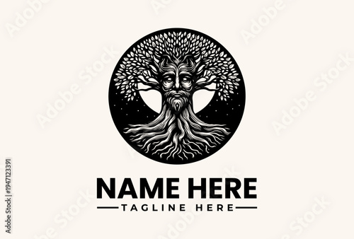 A black and white illustration of a tree with a face, roots, and leaves in a circular logo design with a tagline and name placeholder on a plain background.