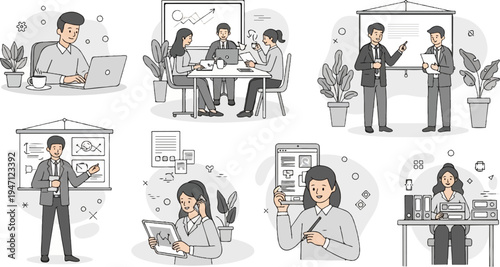 Various business professionals engaged in office tasks and meetings