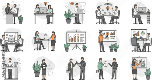 Diverse business professionals collaborate and present ideas in office settings