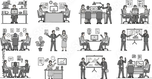 Colleagues collaborating and presenting in office settings, diverse scenarios