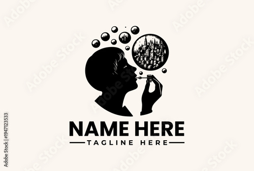 Black silhouette of a person's head with a magnifying glass held up to their face, surrounded by bubbles on a beige background with space for a logo and tagline.