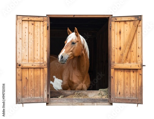 Chestnut horse with white mane in open wood stall, looking left, with hay bedding